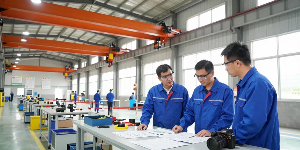 Technicians inspecting overhead crane designs, showcasing the expertise of an overhead crane manufacturer in a bright industrial workshop.