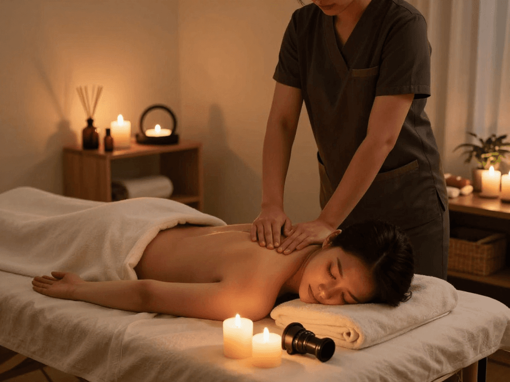 Professional 출장마사지 therapy session in a serene home environment.