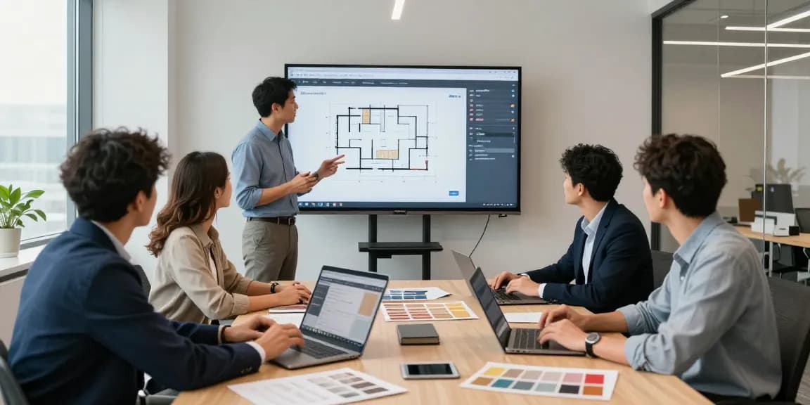 Flooring business software demonstration with professionals collaborating in a modern office.