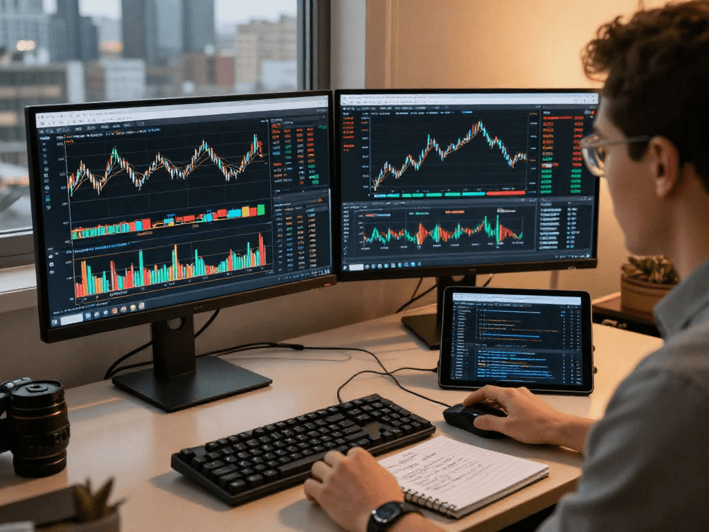 MetaTrader 5 交易者在现代办公桌上分析多种金融资产的图表,展示高效的交易环境。